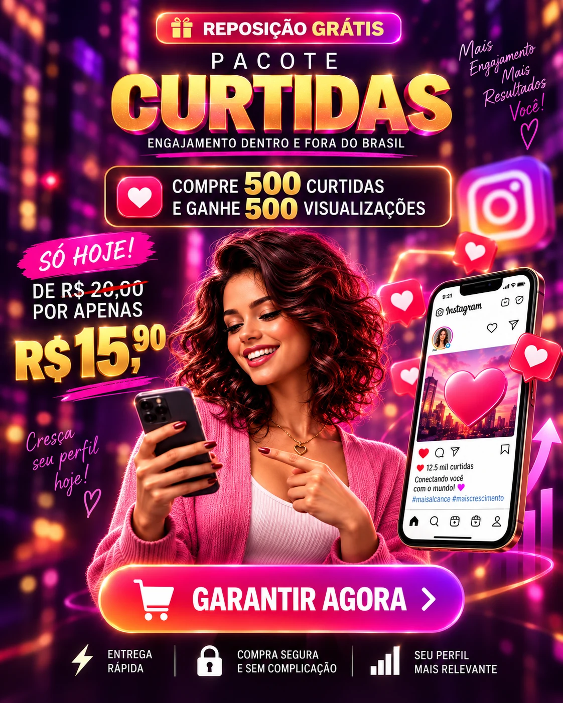 Oferta de 500 curtidas mundiais + 500 visualizações de reels